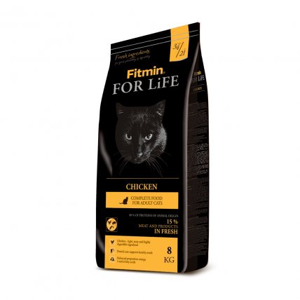 Kvalitní krmivo pro kočky Fitmin for Life s kuřecím masem a rýží. Balení 8 kg.
