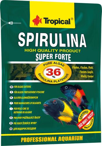 Vločky pro ryby s velkým (36%) obsahem řas Spirulina platensis. Určené pro africké vrubozubce a další ryby, které vyžadují ve své stravě vysoký podíl složek rostlinného původu. 12g