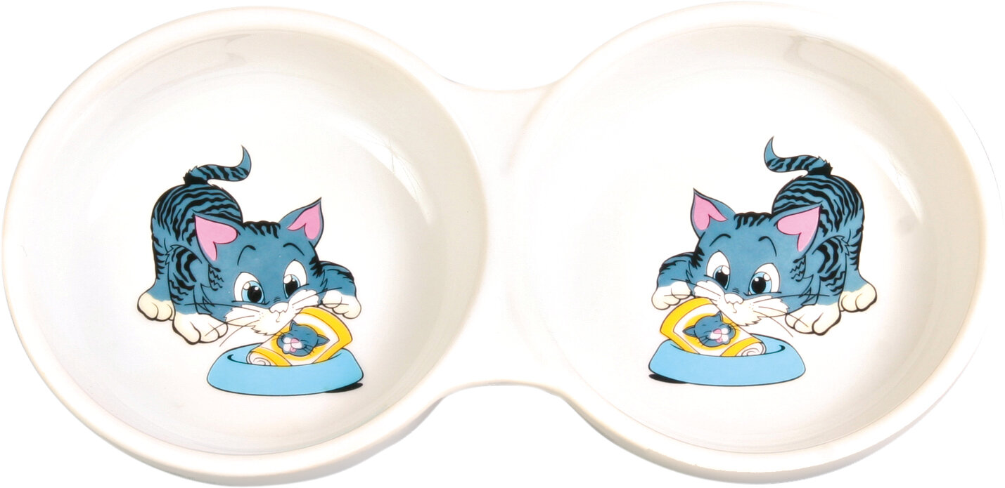 Ceramic double bowl, painted, cat motif 2x150ml / 11cm
