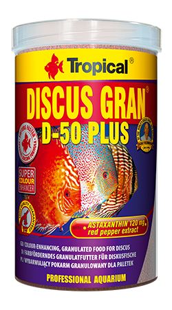 Tropical Discus Gran D-50 Plus je vybarvující krmivo pro ryby v podobě potápějících se granulí s vysokým obsahem bílkoviny pro terčovce, ale i jiné, hlavně náročné ryby. 250ml.