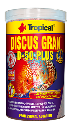 Tropical Discus Gran D-50 Plus je vybarvující krmivo pro ryby v podobě potápějících se granulí s vysokým obsahem bílkoviny pro terčovce, ale i jiné, hlavně náročné ryby. 250ml.