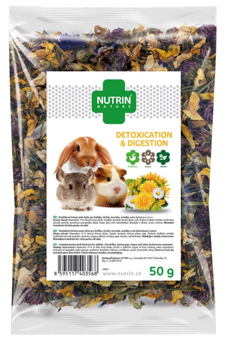 Doplňková krmná směs bylin NUTRIN pro králíky, činčily, morčata, osmáky a jiné býložravé savce. 50 g.
