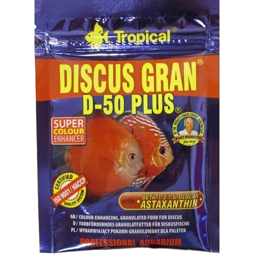 Tropical Discus Gran D-50 Plus je vybarvující krmivo pro ryby v podobě potápějících se granulí s vysokým obsahem bílkoviny pro terčovce, ale i jiné, hlavně náročné ryby. 20g.