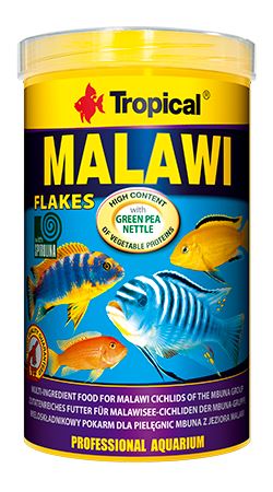 Mnohosložkové vločkové krmivo pro ryby s velkým podílem rostlinných složek určené ke každodennímu krmení tlamovců mbuna z jezera Malawi. 1000ml.