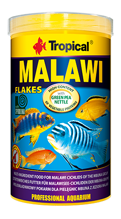 Mnohosložkové vločkové krmivo pro ryby s velkým podílem rostlinných složek určené ke každodennímu krmení tlamovců mbuna z jezera Malawi. 250ml.