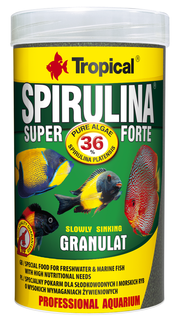 Granulované krmivo s velkým (36%) obsahem řas Spirulina platensis. Pro africké vrubozubce a další ryby, včetně mořských, které vyžadují ve své stravě vysoký podíl složek rostlinného původu. 250ml.