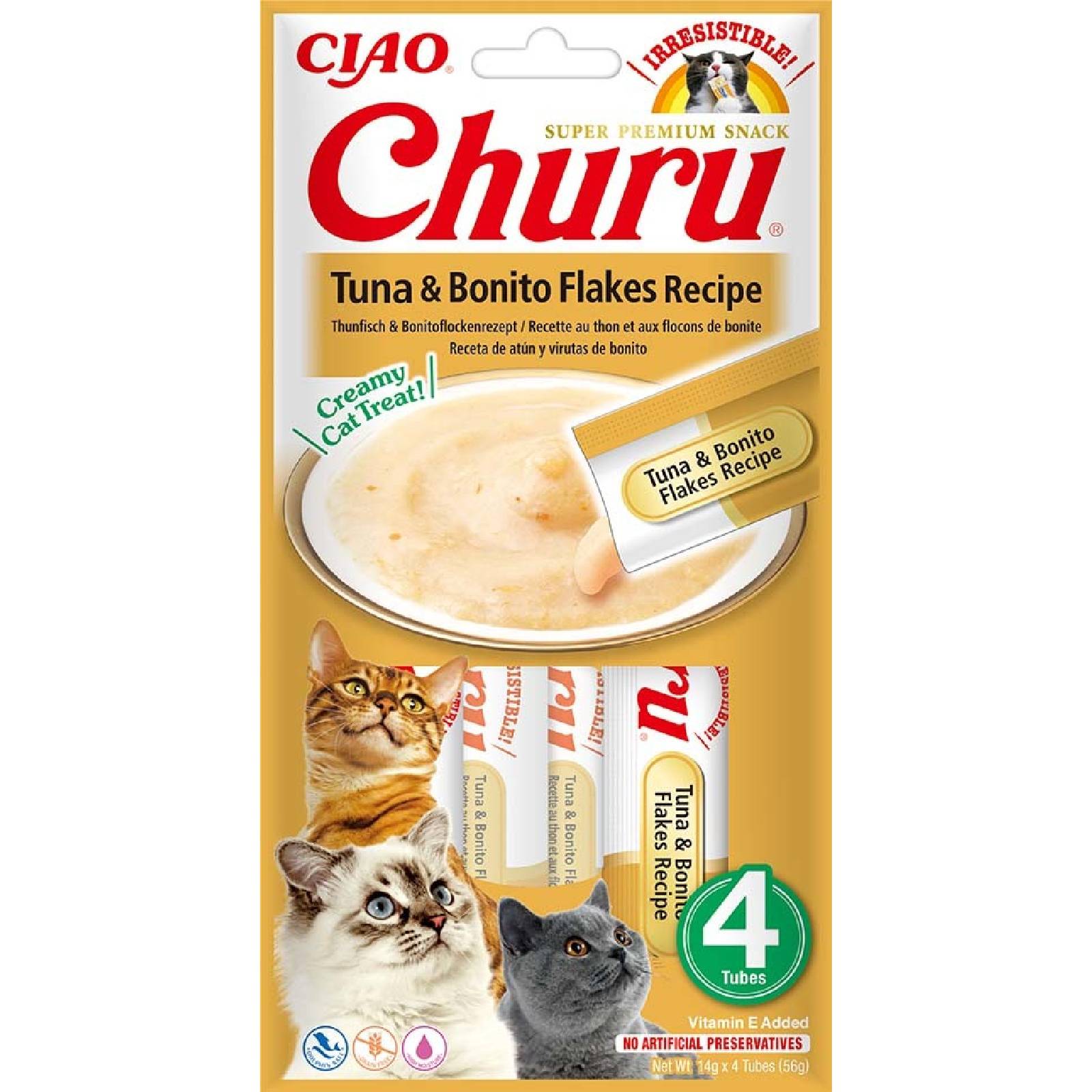 Churu Cat masové pyré tuňák a tuňákové vločky 4x14g