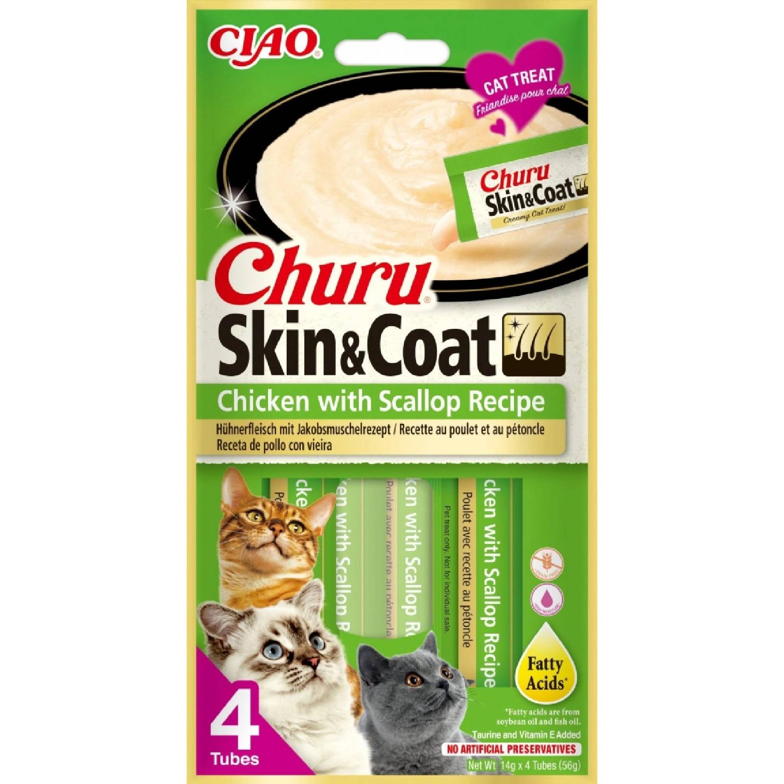 Churu cat masové pyré Skin & Coat kuře a hřebenatky 4x14g
