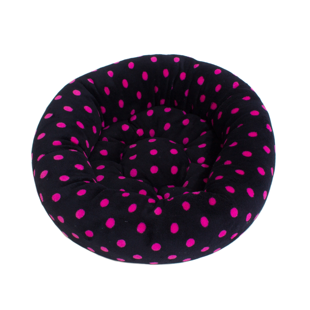 Rajen round cat bed 50cm, pink dots on black