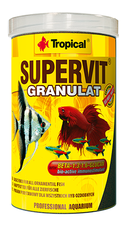 SUPERVIT GRANULAT je plnohodnotné mnohosložkové granulované krmivo nejvyšší kvality určené ke každodennímu krmení všech akvarijních ryb. 250ml.