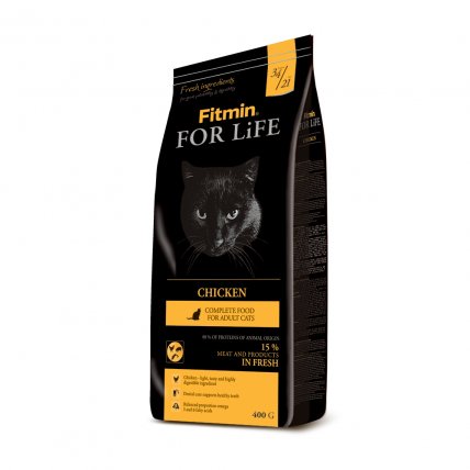 Kvalitní krmivo pro kočky Fitmin for Life s kuřecím masem a rýží. Balení 400 g.