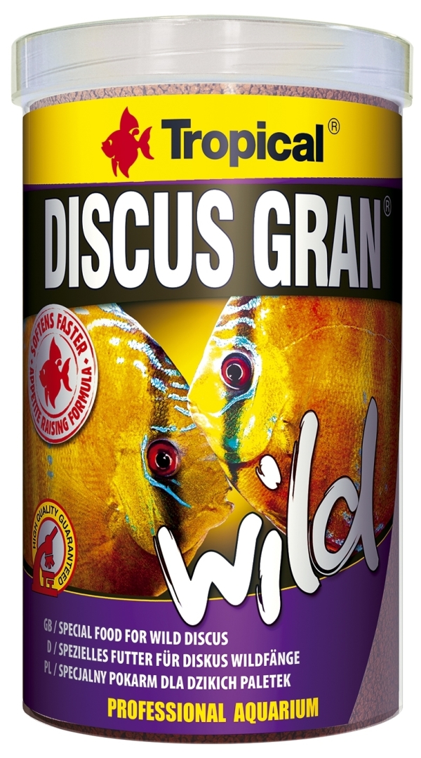Mnohosložkové krmivo Discus Gran Wild v podobě pomalu se potápějících granulí, určeno ke krmení divokých terčovců a také jiných náročných druhů ryb. 1000ml.