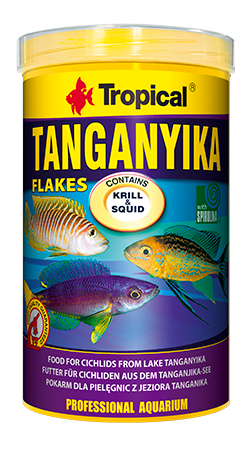 Mnohosložkové základní vločkové krmivo v ryby, určené ke každodennímu krmení všežravých a masožravých cichlid z jezera Tanganika. 250ml.