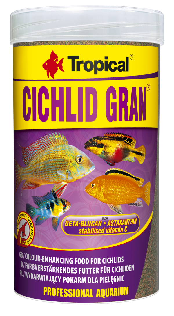 Základní krmivo pro ryby, zvýrazňující zabarvení ryb ve formě zvolna klesajícího granulátu. Cichlid Gran je určené ke každodennímu krmení všežravých cichlid, včetně mnohých druhů cichlid z jezera Malawi. 250ml.