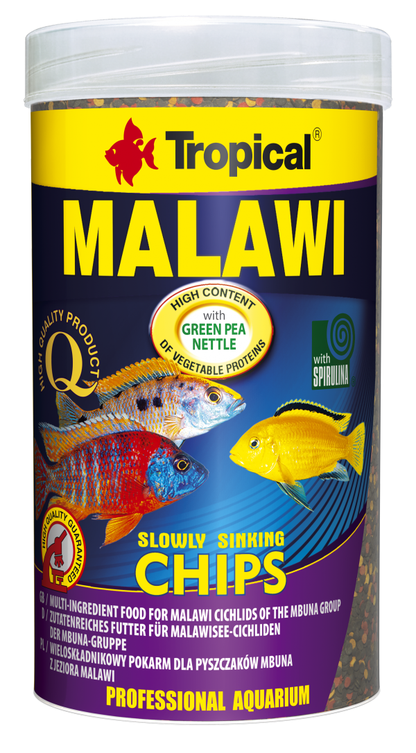 Vícesložkové krmivo pro ryby v podobě nevelkých, pomalu se potápějících chipsů pro tlamovcovité ze skupiny mbuna i pro jiné býložravé cichlidy. 1000ml.