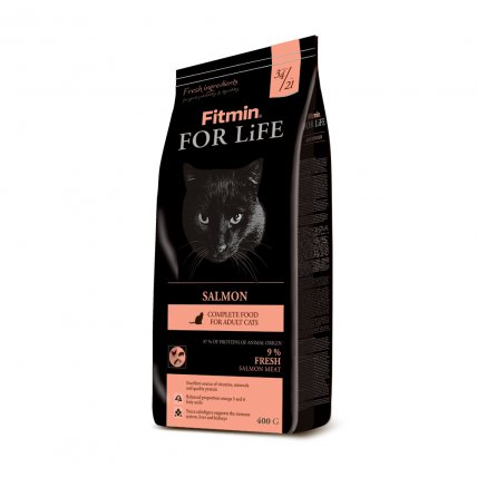 Kvalitní krmivo pro kočky Fitmin for Life s lososem a rýží. Balení 400 g.